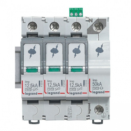 Distributie si comanda electrica - Descarcator supratensiune SPD T1+T2 12,5kA 3P+N dreapta Legrand 412277