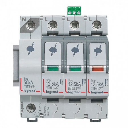 Distributie si comanda electrica - Descarcator supratensiune SPD T1+T2 12,5kA 3P+N stanga Legrand 412275