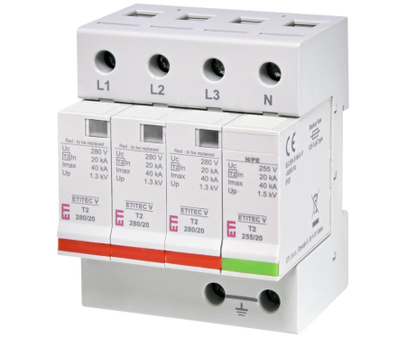 Toate produsele - Descarcator T2 4P 280V 20kA 3+1 fara semnalizare Eti 002443015