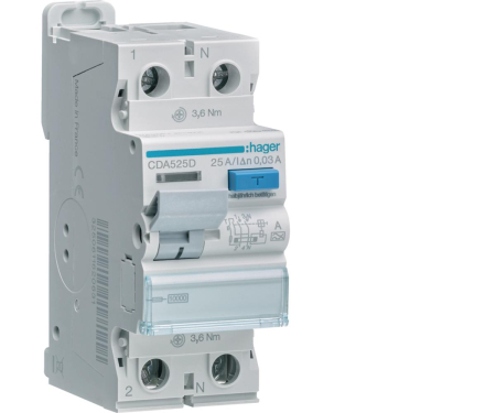 Distributie si comanda electrica - Diferential 25A RCCB 1P+N 30mA 10Ka tip A Hager CDA525D