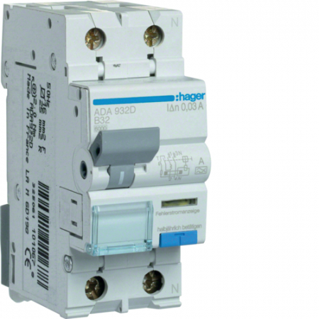 Protectie Diferentiala - Diferenţial RCBO 32A 1P+N 30mA 6Ka B tip A Hager ADA932D