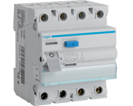 Sigurante automate - Diferenţial RCCB 25A 3P+N 30mA 6Ka tip A Hager CDA425D