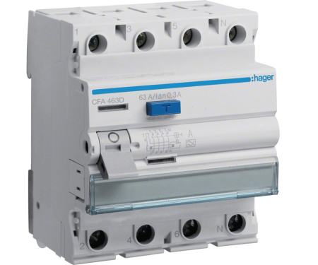 Distributie si comanda electrica - Diferenţial RCCB 63A 3P+N 300mA 6Ka tip A Hager CFA463D