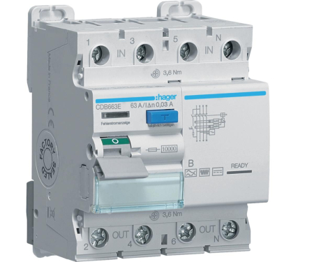 Distributie si comanda electrica - Diferenţial RCCB 63A 3P+N 30mA 10Ka tip B Hager CDB663E