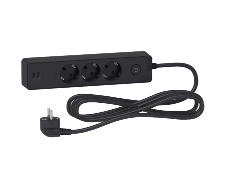 Prelungitoare si derulatoare - Prelungitor 3x2P+E +intrerupator+2USB cablu 3m antracit Schneider ST943U3B