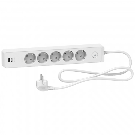 Prelungitoare si derulatoare - Prelungitor 5x2P+E +intrerupator+2USB cablu 1,5m alb Schneider ST945U1W