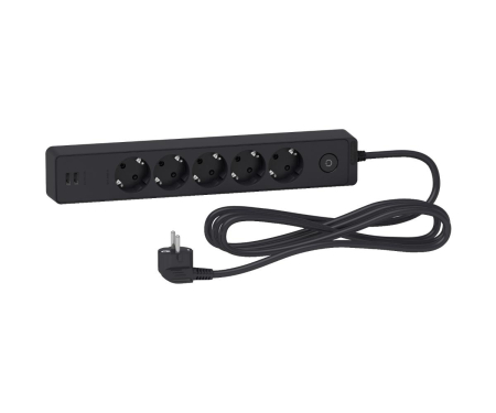 Prelungitoare si derulatoare - Prelungitor 5x2P+E +intrerupator+2USB cablu 3m antracit Schneider ST945U3B