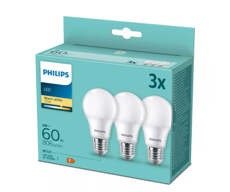 Set 3 becuri A60 LED 8W 806lm 2700K E27 Philips 8718699775490 [1]