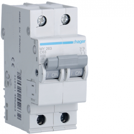 Bipolare 2P - Siguranta automata 63A 2P Curba C 4,5ka Hager MY263