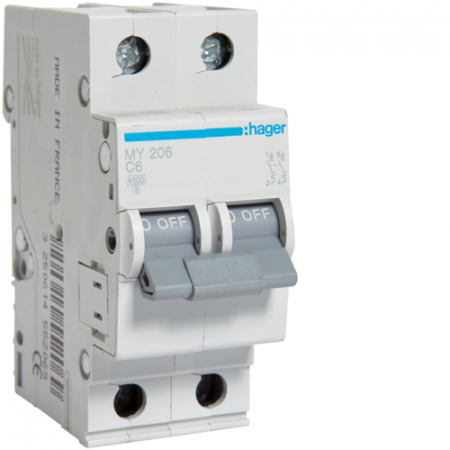 Bipolare 2P - Siguranta automata 6A 2P Curba C 4,5ka Hager MY206