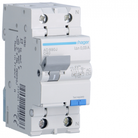 Protectie Diferentiala - Siguranta diferenţial 40A 1P+N C 30mA 4.5Ka Hager AD890J