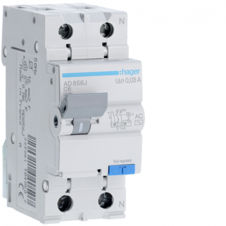 Protectie Diferentiala - Siguranta diferenţial 6A 1P+N C 30mA 4.5Ka Hager AD856J