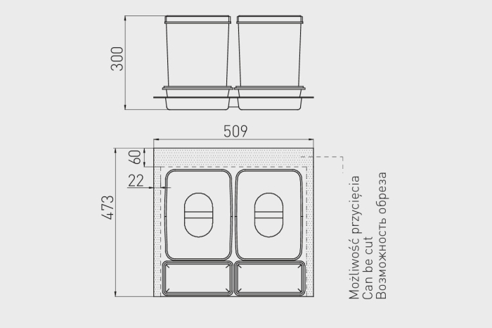 Cos de gunoi pentru sertar MULTINO latime front 600 mm, 2x15l + 2 tavite [2]