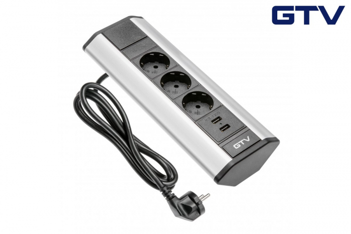 Priza de colt triunghi 3xschuko + 2xUSB A, aluminiu/negru [1]