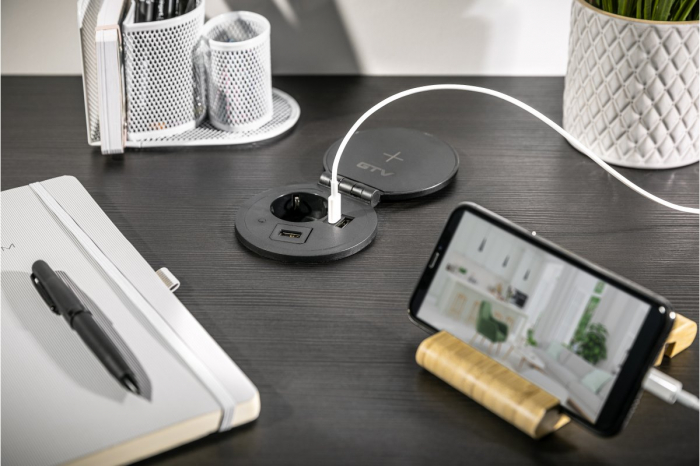 Priza incorporabila rotunda 1xschuko + 1xUSB A + 1xUSB C + 1 port interschimbabil, neagra [6]