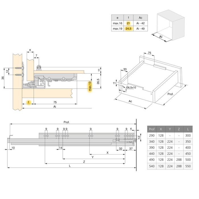 Set glisiere ascunse pentru sertare, extractie totala,cu amortizor si prindere tip carlige, 490 mm [8]