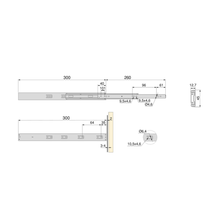 Set glisiere cu bile pentru sertare, extractie totala, cu deschidere prin apasare si amortizor, H 45 mm, L 300 mm [7]