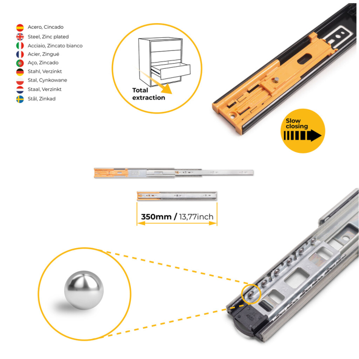 Set glisiere cu bile pentru sertare, extractie totala, cu inchidere amortizata, H 45 mm, L 350 mm [7]