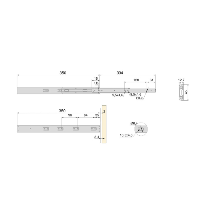 Set glisiere cu bile pentru sertare, extractie totala, cu deschidere prin apasare si amortizor, H 45 mm, L 350 mm [7]