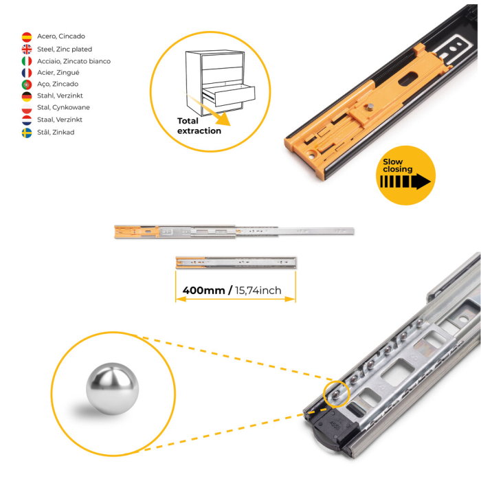 Set glisiere cu bile pentru sertare, extractie totala, cu inchidere amortizata, H 45 mm, L 400 mm [6]