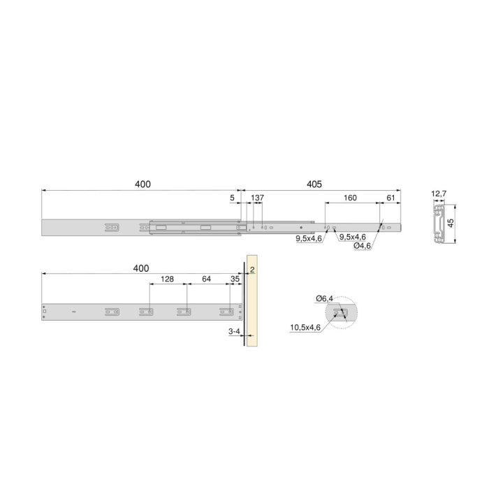 Set glisiere cu bile pentru sertare, extractie totala, cu deschidere prin apasare si amortizor, H 45 mm, L 400 mm [7]