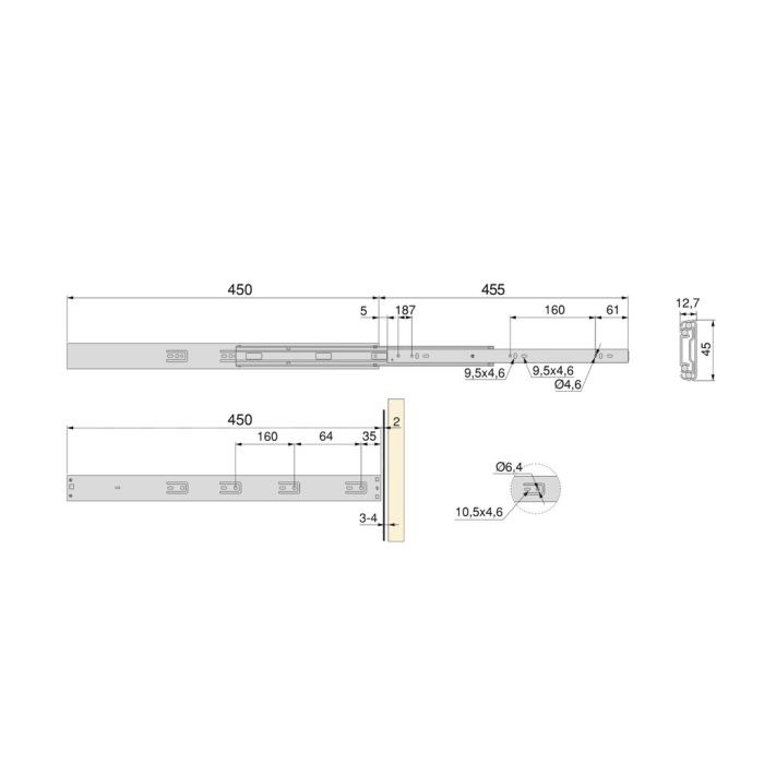 Set glisiere cu bile pentru sertare, extractie totala, cu deschidere prin apasare si amortizor, H 45 mm, L 450 mm [7]