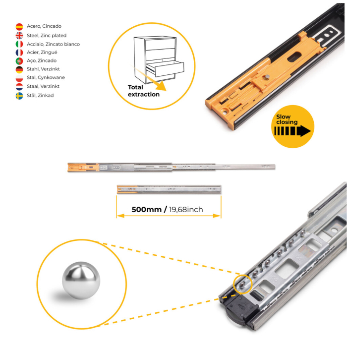 Set glisiere cu bile pentru sertare, extractie totala, cu inchidere amortizata, H 45 mm, L 500 mm [6]