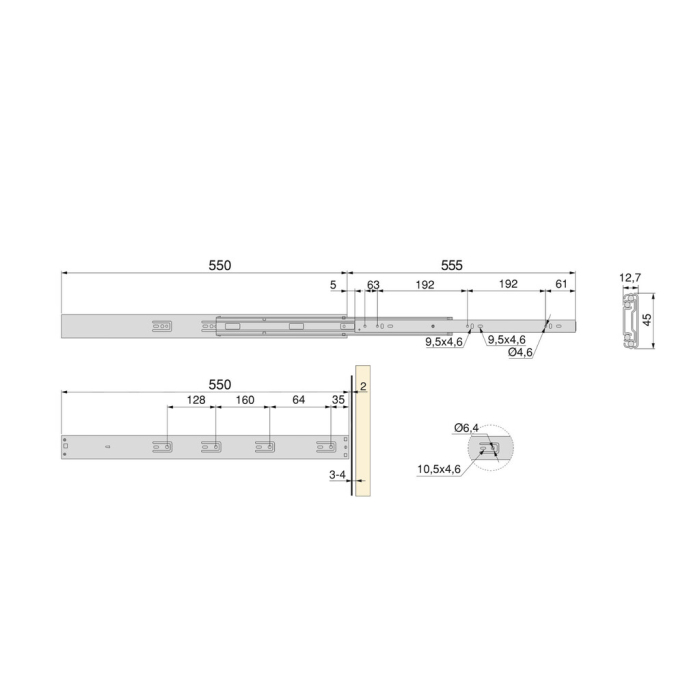 Set glisiere cu bile pentru sertare, extractie totala, cu deschidere prin apasare si amortizor, H 45 mm, L 550 mm [7]