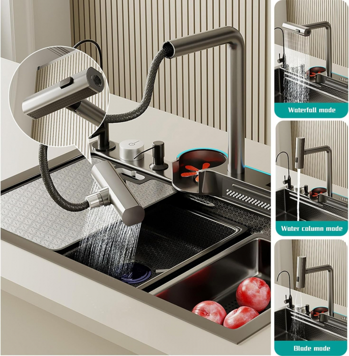 Chiuveta Bucatarie Multifunctionala Glimma, Culoare Gri, Otel Inoxidabil [15]