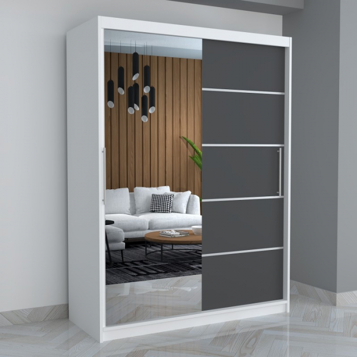 Dulap A02 Gri/Alb cu Oglinda, 150cm Lungime [1]