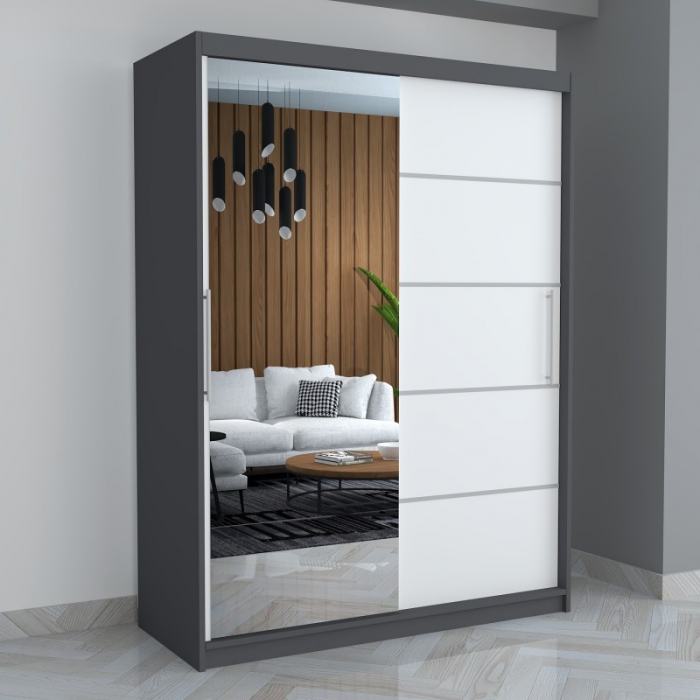 Dulap A03 Gri/Alb cu Oglinda, 150cm Lungime [1]