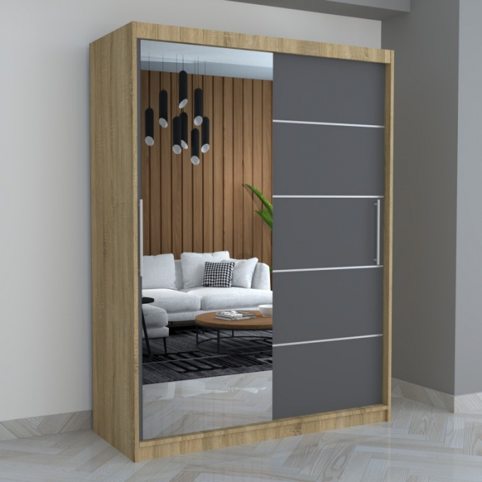 Dulap A04 Sonoma/Gri cu Oglinda, 150cm Lungime [1]
