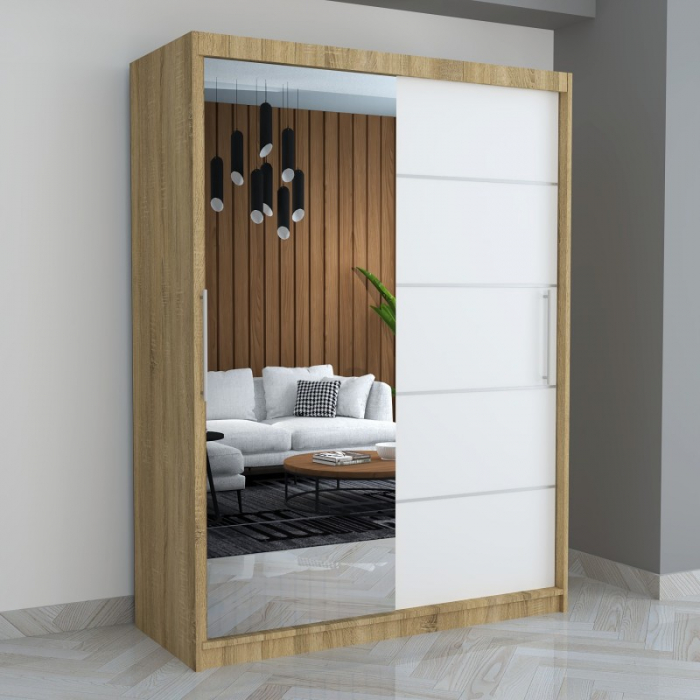 Dulap A06 Sonoma/Alb cu Oglinda, 150cm Lungime [1]