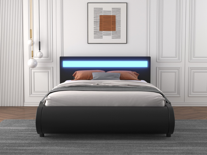 Pat A01 Tapitat Piele Ecologica 160x200cm, cu iluminare LED integrata, Negru, Saltea Ortopedica 20cm inclusa [3]