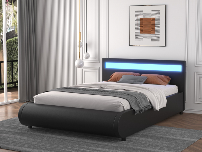 Pat A01 Tapitat Piele Ecologica 160x200cm, cu iluminare LED integrata, Negru, Saltea Ortopedica 20cm inclusa [1]