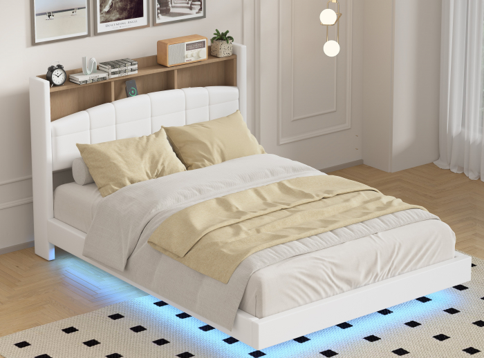 Pat C01 Tapitat Piele Ecologica 160x200cm, cu iluminare LED integrata, Alb, Saltea Ortopedica 20cm inclusa [2]