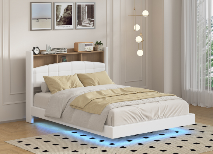 Pat C01 Tapitat Piele Ecologica 160x200cm, cu iluminare LED integrata, Alb, Saltea Ortopedica 20cm inclusa [3]