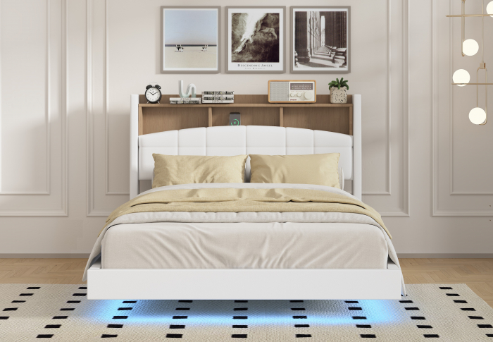 Pat C01 Tapitat Piele Ecologica 160x200cm, cu iluminare LED integrata, Alb, Saltea Ortopedica 20cm inclusa [1]