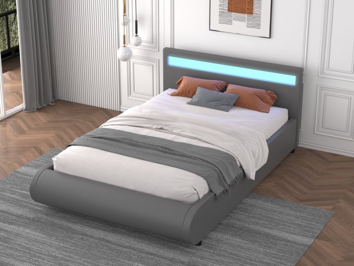 Pat A01 Tapitat Piele Ecologica 160x200cm, cu iluminare LED integrata, Gri, Saltea Ortopedica 20cm inclusa [2]