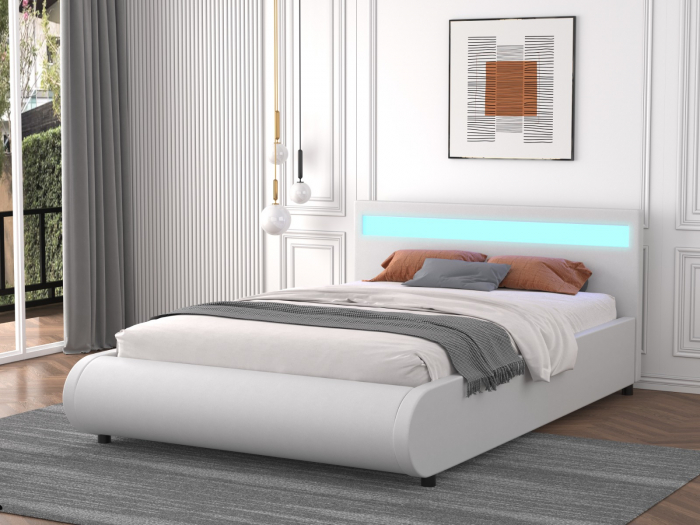 Pat A01 Tapitat Piele Ecologica 160x200cm, cu iluminare LED integrata, Alb, Saltea Ortopedica 20cm inclusa [1]