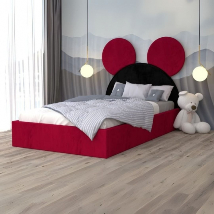 Pat Complet Tapitat Micky1 Cu Saltea 140x200cm, Culoare Negru/Rosu [1]