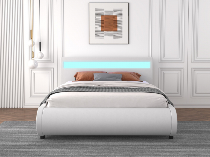 Pat A01 Tapitat Piele Ecologica 160x200cm, cu iluminare LED integrata, Alb, Saltea Ortopedica 20cm inclusa [3]