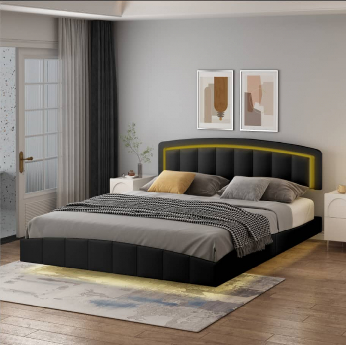 Pat B01 Tapitat Piele Ecologica 160x200cm, cu iluminare LED integrata, Negru [2]