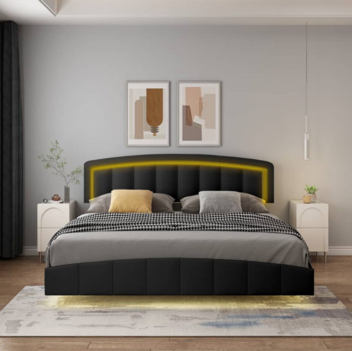 Pat B01 Tapitat Piele Ecologica 160x200cm, cu iluminare LED integrata, Negru [1]