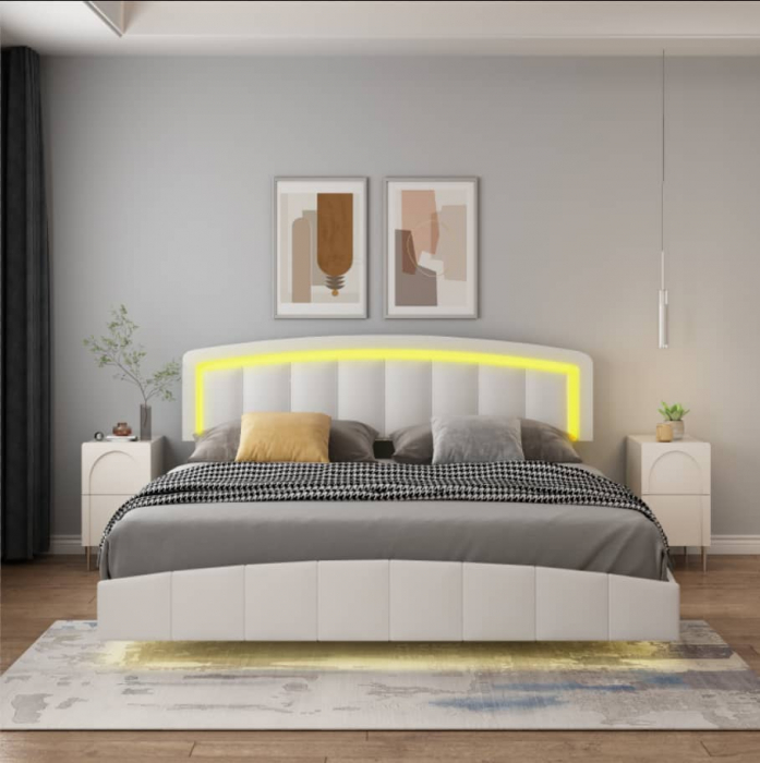 Pat B01 Tapitat Piele Ecologica 160x200cm, cu iluminare LED integrata, Alb [1]