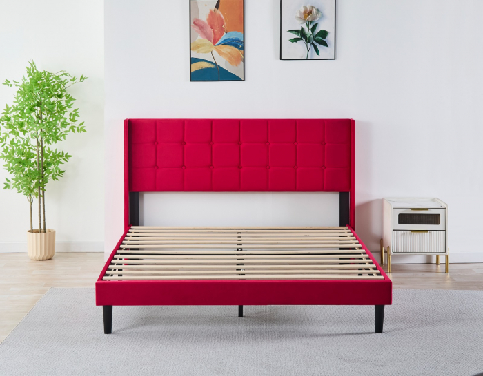 Pat Barcelona Complet Tapitat Catifea, Culoare Rosu, 160x200cm, Saltea Ortopedica 20cm inclusa [2]