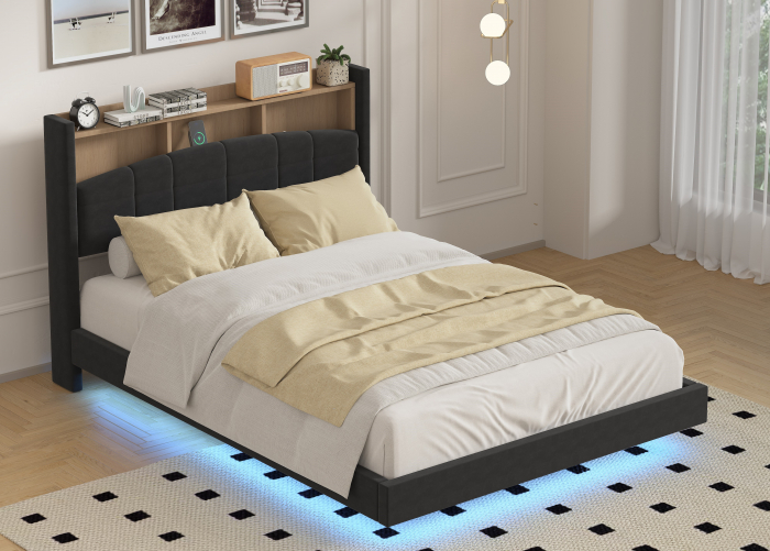 Pat C01 Tapitat Catifea 160x200cm, cu iluminare LED integrata, Negru, Saltea Ortopedica 20cm inclusa [3]