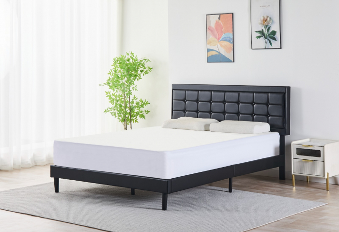 Pat Malaga Complet Tapitat Catifea, Culoare Negru, 160x200cm, Saltea Ortopedica 20cm inclusa [1]