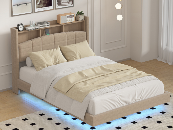 Pat C01 Tapitat Catifea 160x200cm, cu iluminare LED integrata, Maro, Saltea Ortopedica 20cm inclusa [2]