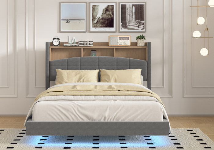 Pat C01 Tapitat Catifea 160x200cm, cu iluminare LED integrata, Gri, Saltea Ortopedica 20cm inclusa [3]